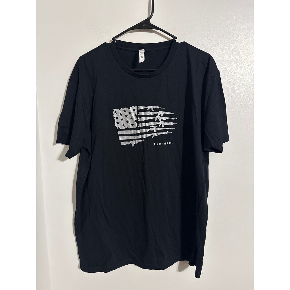 Enrforce Mens XL Black T-Shirt Silver Rifle American Flag Graphic Tee Tactical